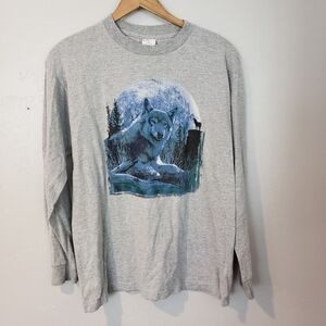 Sun Active Large Grey Long Sleeve T-shirt Howling Wolf Graphic 100% Cotton Shirt